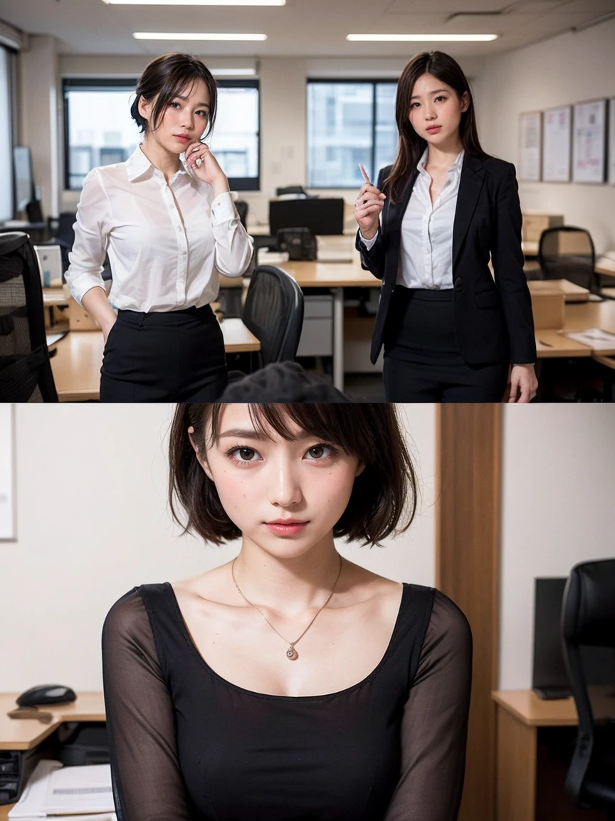 8k, RAW Portrait (Japanese women),masterpiece、Photorealistic:1.2、Realistic, Ultra-high resolution, Highest quality, Real Life Photos ,( in the evening :1.1), ((((1 female:1.5)))), (((Two girls showing off their panties In the room)))、(Cute Face:1.3)、Japanese women,((office lady))、((本物のoffice lady))、((business art:1.6))、 Short Hairstyles,Slender body,、In the room、 、big, beautiful, beautiful目, Black Hair,(Written boundary depth:1.3)、 ((Dark brown eyes:1.2))、(Realistic skin texture:1.3)、(Immersive atmosphere:0.8、Chiaroscuro:1.2) 、(Viewer:1.4)、((Embarrassed look:1.4))、((Red cheeks:1.3))、((From belowの天井:1.2))、(smile:0.7)、((She's wearing tiny white silk panties))、((Panty shot))、((A woman rolling up her skirt))、((From below:1.48))、((Crotch close-up:1.52))、((Pictures that emphasize pussy))、the most beautiful woman in the world、the most beautiful woman in the world、((Spread your legs out to the side:1.4))、