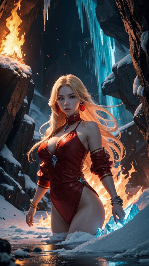 In a world where the spirits of fire and ice are in conflict, the fire spirits are invading the territory of the ice spirits. Clad in red flames, the fire spirits melt the ice caves and frozen forests, engaging in fierce battles with the ice spirits. The background depicts a magnificent scene of fire and ice clashing, with the most intense confrontation between fire and ice. 8k , HD, highly detailed, realistic, photography, photo realism, --ar 9:16 -- at 6.0 --s 750, 19 years old, alone, Long Hair, View your viewers, Blonde, Brown eyes, gem, whole body, Realistic, Sexy、Big Breasts 、stockings、clip on earrings,during,bracelet、embarrassed,blouse、