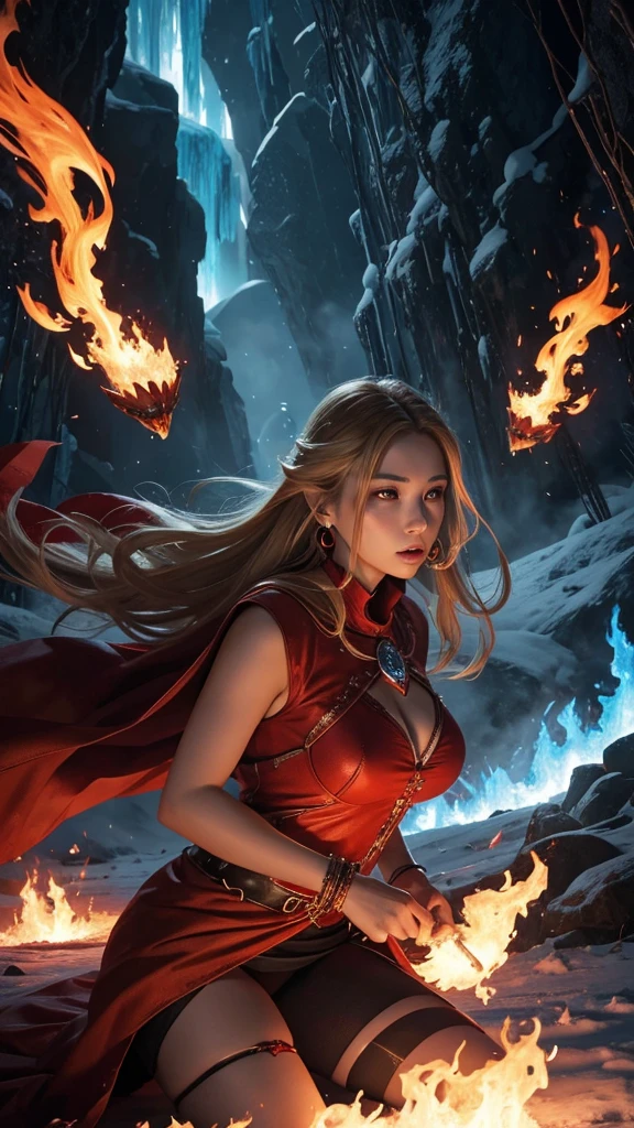 In a world where the spirits of fire and ice are in conflict, the fire spirits are invading the territory of the ice spirits. Clad in red flames, the fire spirits melt the ice caves and frozen forests, engaging in fierce battles with the ice spirits. The background depicts a magnificent scene of fire and ice clashing, with the most intense confrontation between fire and ice. 8k , HD, highly detailed, realistic, photography, photo realism, --ar 9:16 -- at 6.0 --s 750, 19 years old, alone, Long Hair, View your viewers, Blonde, Brown eyes, gem, whole body, Realistic, Sexy、Big Breasts 、stockings、clip on earrings,during,bracelet、embarrassed,blouse、