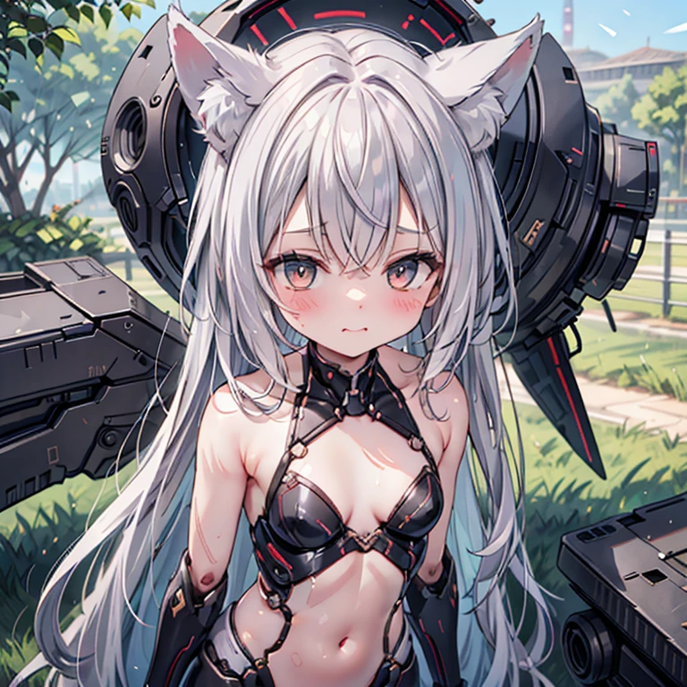 (Fox Girl, Fox Ears, Silver Hair, Fox Makeup, One Woman, Long Hair:1.6), (mecha musume, Machinery Parts,Robot Joints, Red color, I can see her cleavage, Skin is visible:1.8), (Body measurements are 75-60-75!, Young girl body, Small breasts, Emphasize the chest, Standing posture, Muscular, Sixpad:1.9), Avatar, face, lewd face, Dominant representation, naughty face, Uplifting, Skin Texture, outside, Grassy field