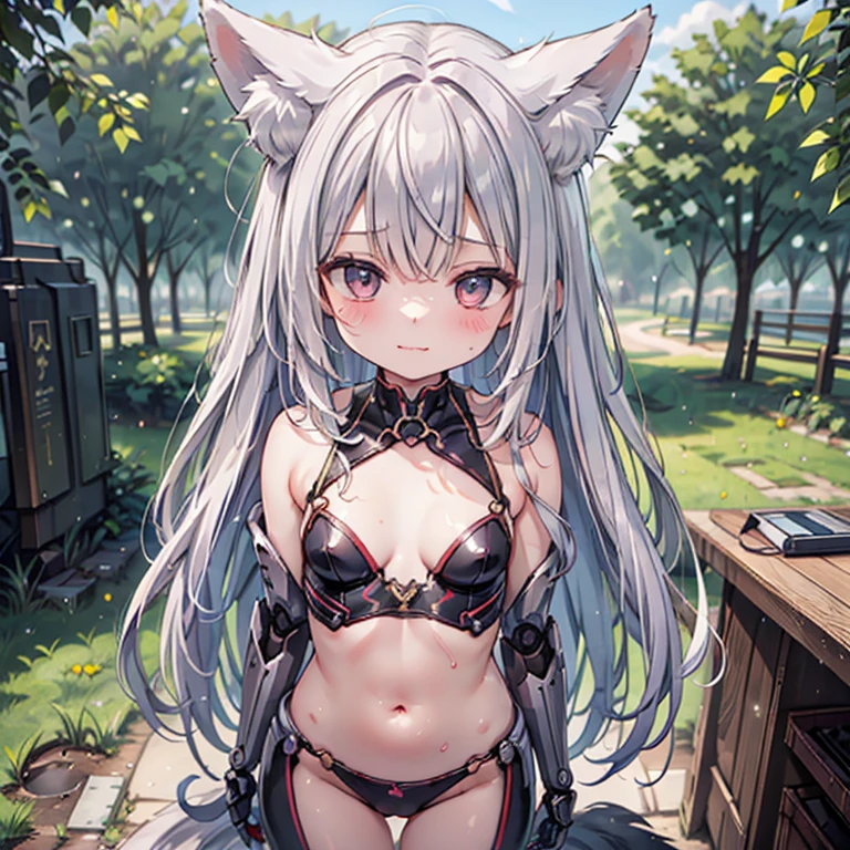 (Fox Girl, Fox Ears, Silver Hair, Fox Makeup, One Woman, Long Hair:1.6), (mecha musume, Machinery Parts,Robot Joints, Red color, I can see her cleavage, Skin is visible:1.8), (Body measurements are 75-60-75!, Young girl body, Small breasts, Emphasize the chest, Standing posture, Muscular, Sixpad:1.9), Avatar, face, lewd face, Dominant representation, naughty face, Uplifting, Skin Texture, outside, Grassy field