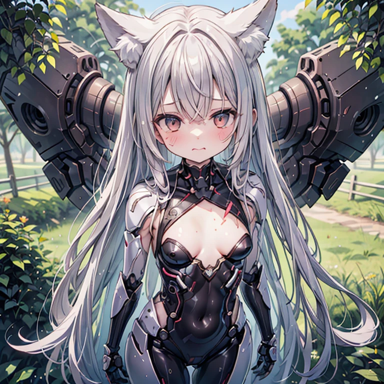 (Fox Girl, Fox Ears, Silver Hair, Fox Makeup, One Woman, Long Hair:1.6), (mecha musume, Machinery Parts,Robot Joints, Red color, I can see her cleavage, Skin is visible:1.8), (Body measurements are 75-60-75!, Young girl body, Small breasts, Emphasize the chest, Standing posture, Muscular, Sixpad:1.9), Avatar, face, lewd face, Dominant representation, naughty face, Uplifting, Skin Texture, outside, Grassy field