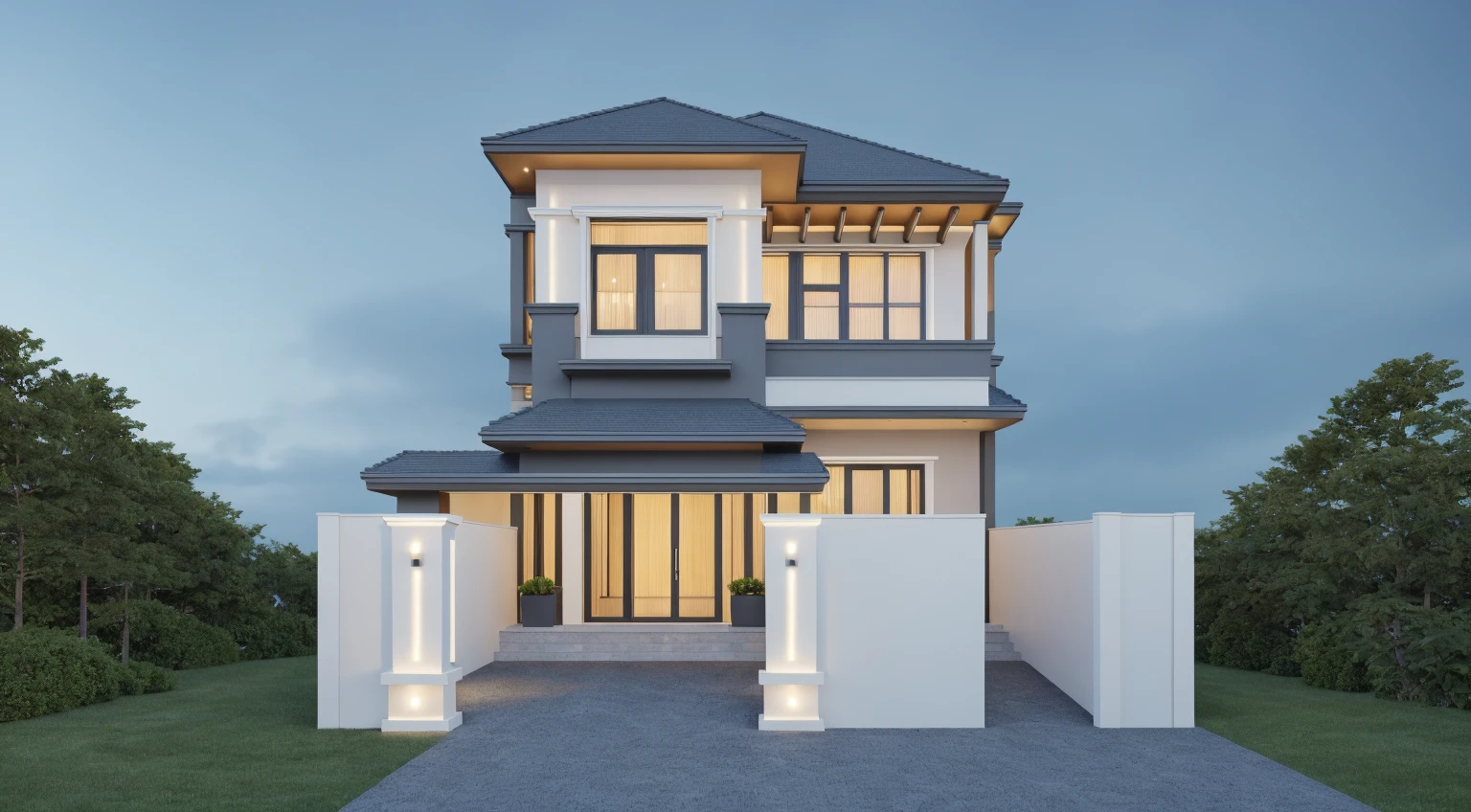 PLATFORM KTHOUSE, 1 morden villa, slope roof, main material of villa about build color wall:1.2 glass panel:1.1 and stone:1.2, 1large yard, 1 road runs in front of the house, (RAW photo, real, best quality, masterpiece:1.2), look morden minimalist, 1 road in front of the house, dynamic lighting:1.3, (hyper realistic, photo-realistic:1.2), high quality, (dark lighting:1.2), perfect lighting, archdaily, no human, light at 12 noon, light in door:1.2