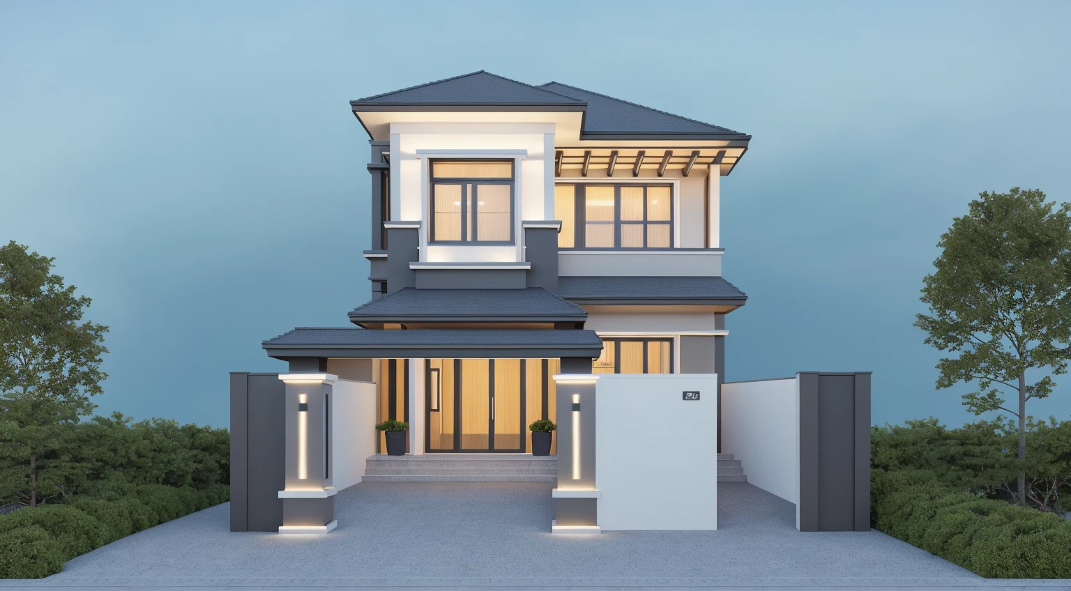 PLATFORM KTHOUSE, 1 morden villa, slope roof, main material of villa about build color wall:1.2 glass panel:1.1 and stone:1.2, 1large yard, 1 road runs in front of the house, (RAW photo, real, best quality, masterpiece:1.2), look morden minimalist, 1 road in front of the house, dynamic lighting:1.3, (hyper realistic, photo-realistic:1.2), high quality, (dark lighting:1.2), perfect lighting, archdaily, no human, light at 12 noon, light in door:1.2