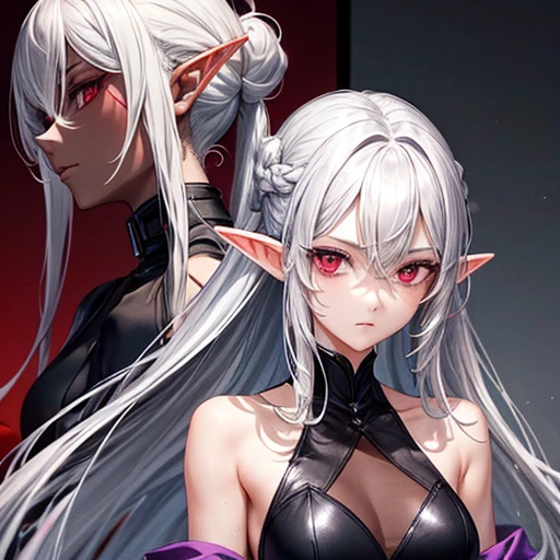 tall、Slim figure。
- Long silver hair tied back。
- Sharp red eyes、Always keep a calm expression。
- A dark-skinned elf wearing a luxurious black and purple chef's uniform