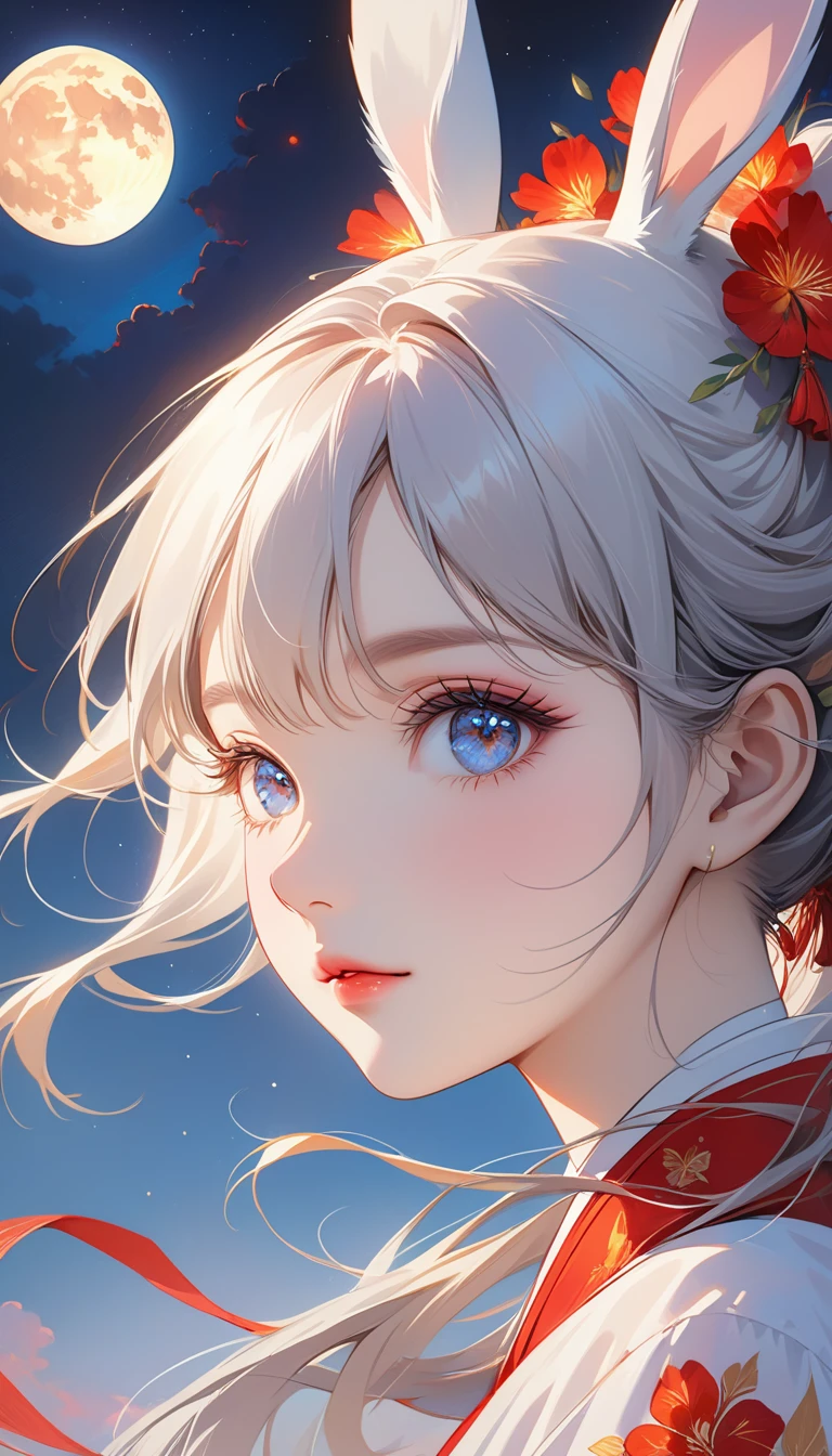 Chinese woman, Close-up of face, Soaring female figures **** Ribbon, night sky, Vibrant colors, Mysterious colors, portraiture Yanjun Cheng, 3/4 Perspective, Cute face, Low Angle, Wide Rotation Composition, Large target, Beautiful crystal eyes, Large target iris, Ultra HD, Human Development Report, 8,000, (masterpiece: 1.5), (The most beautiful portraits in the world: 1.5),full moon,bunny