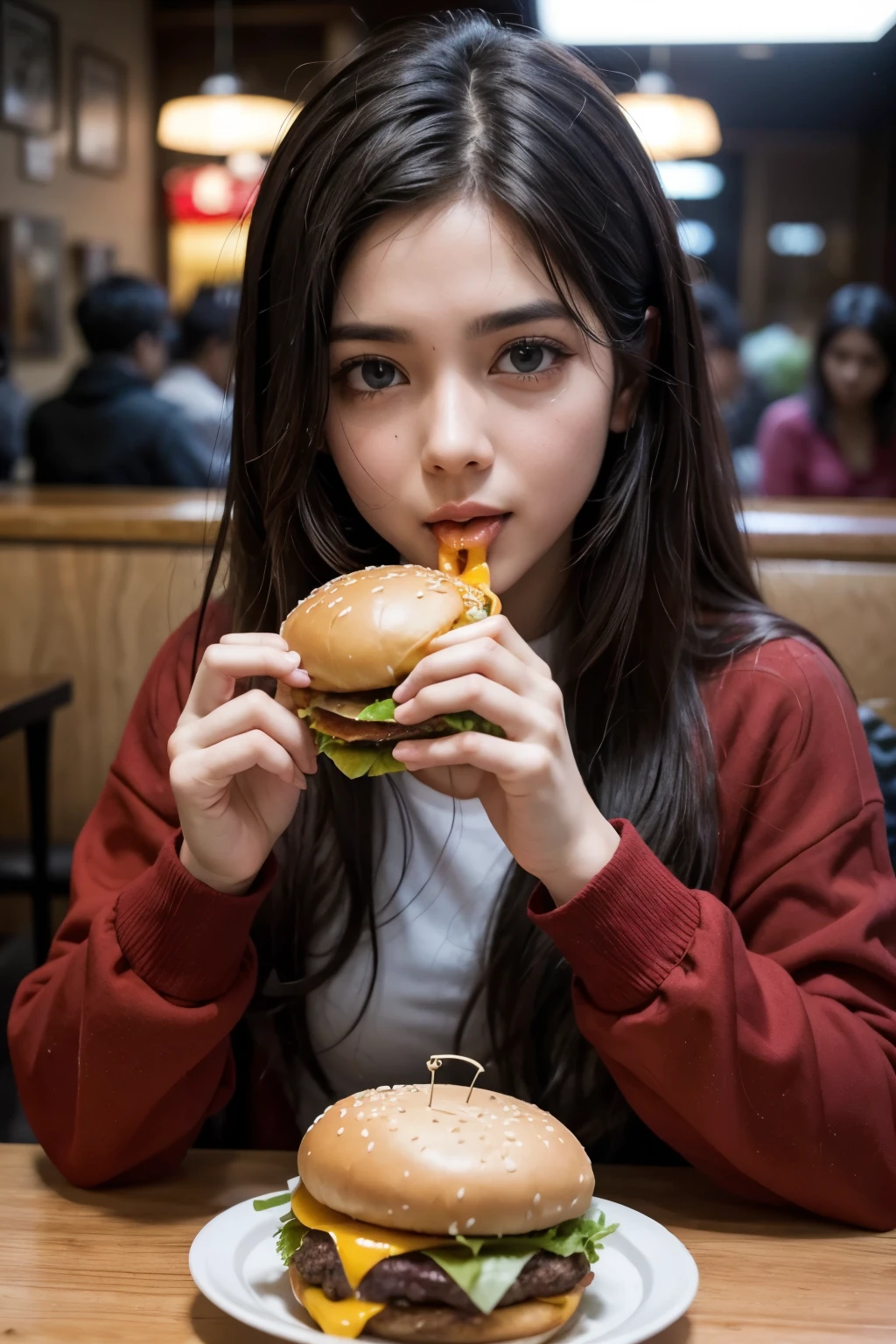 I need a picture of someone biting into a burger with lots of chaddar and bancon