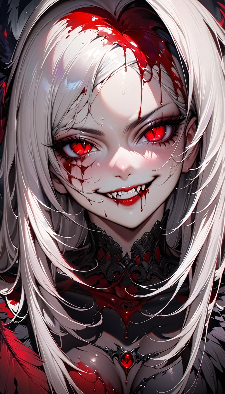 (((Nsfw, Vulgar))),wet-on-wet oil painting depicting a dark angel, a semi-realistic full body portrait, blood on the angel face,, red eyes, gorgeous painting, breathtaking, semirealistic, beautiful colors, evil, beautiful red eyes, detailed textures, massive blackdark feathers, blood, white hair, evil grin, evil smile