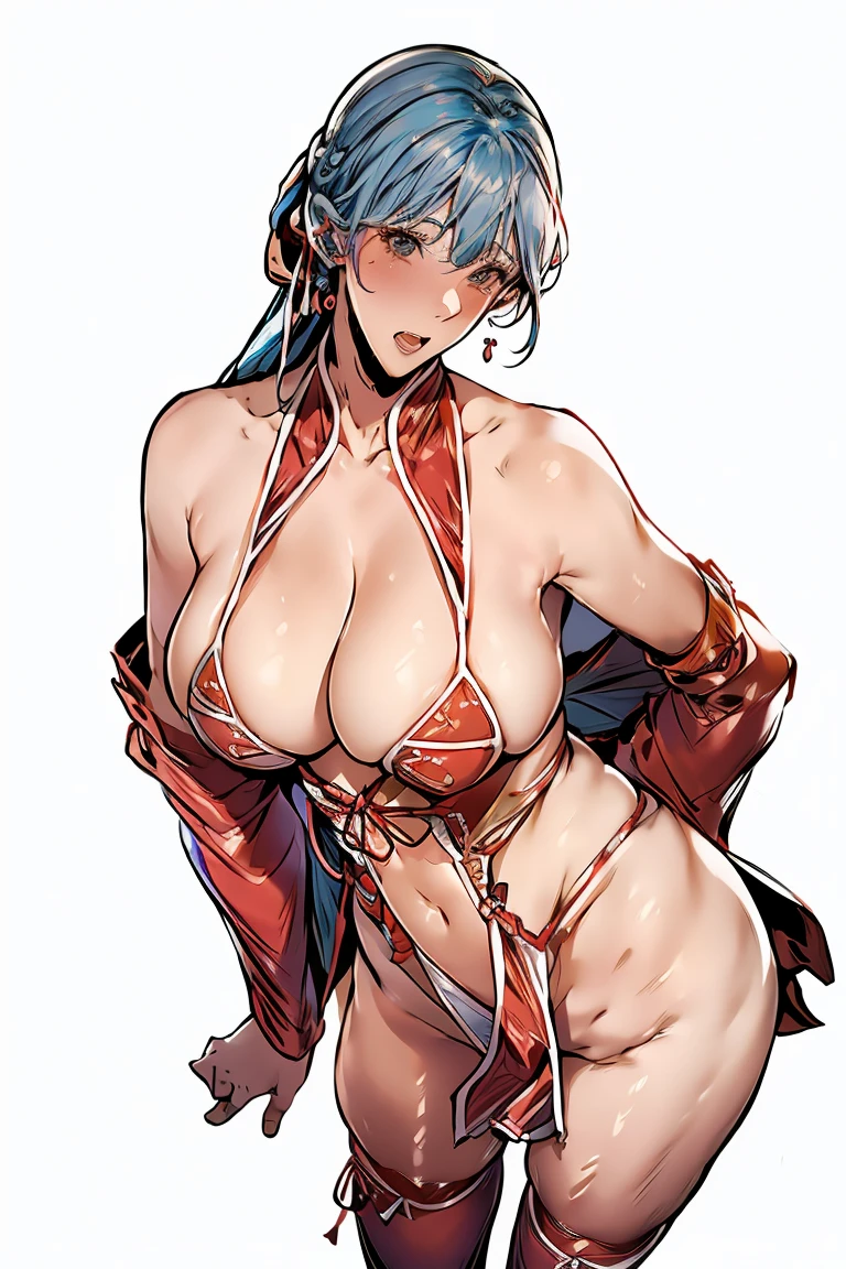 1girl, breasts, female pubic hair, pubic hair, thighhighs, blush, blue eyes, ((ribbon-trimmed hanfu, bikini hanfu, revealing clothes, see-trough)), blue hair, long hair, open mouth, sweat, huge breasts, nipples, looking at viewer, bare shoulders, multiple views, areola slip, detached sleeves, bangs, ribbon trim, revealing clothes, cleavage, see-through, white thighhighs, hair between eyes, bikini, thighs, white background, pubic hair peek, heavy breathing, earrings
