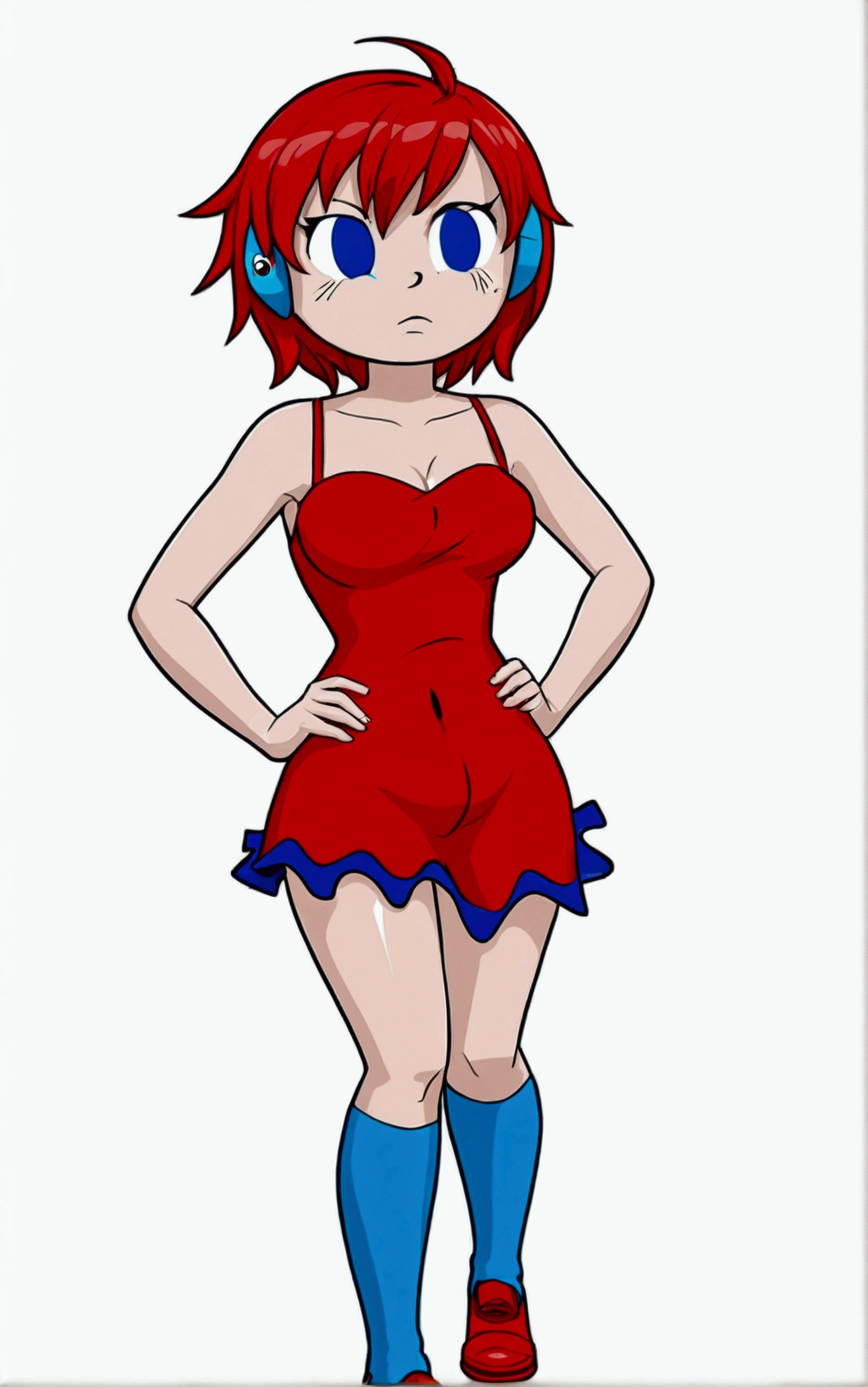 [less8 Pacman ghost], ((Masterpiece)), ((High Definition)), ((high quality)), ((detailed shading)), ((beautiful rendering art)), ((solo portrait)), ((whole body)), ((front view)), ((intricate details)), standing, by Pixelsketcher, dress, Blue eyes, Red hair, red dress, short hair, BIG BREASTS, short dress, shoes, red shoes, neckline, sleeveless dress,(Blue socks), human,hair ornament, White background, Alone, hands on the hips, 