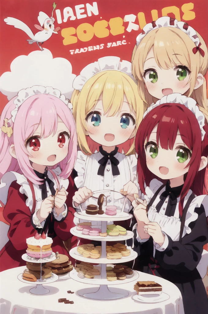 4+ girls, multiple colored hairs, sweet maids, random cute faces, super happy smiling, open mouth, group shot, zoom camera, sweet tea party, lots of cakes, macarons, chocolates, parfaits, cookies, land of sweets