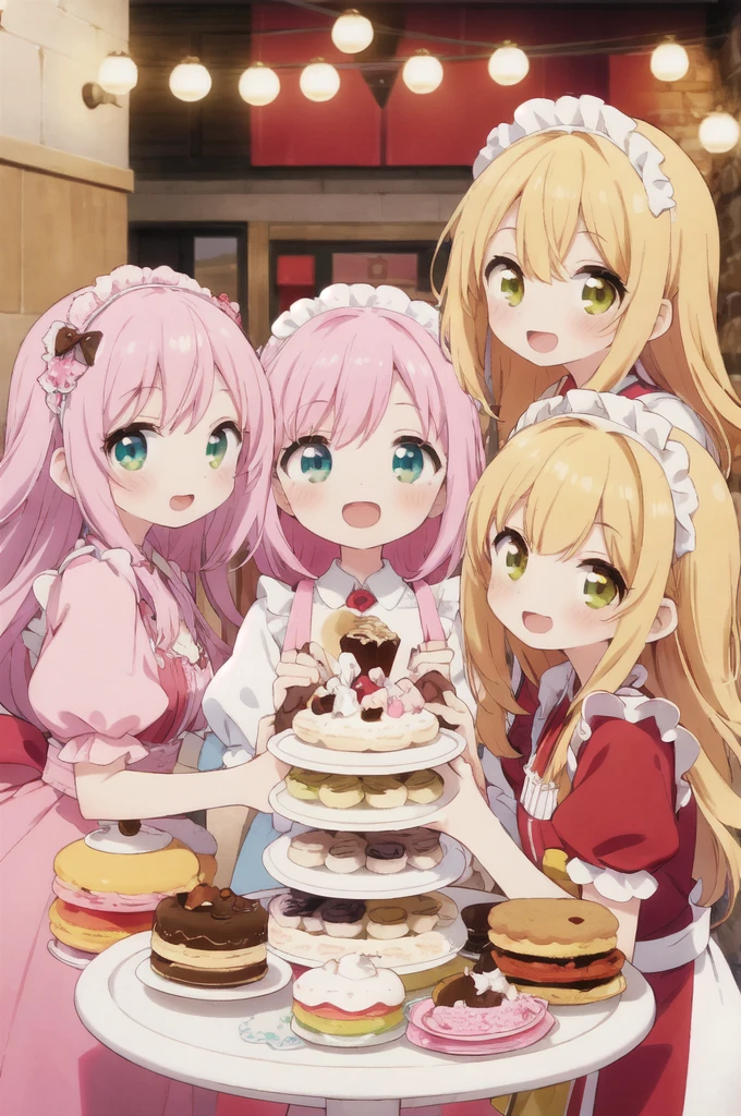 4+ girls, multiple colored hairs, sweet maids, random cute faces, super happy smiling, open mouth, group shot, zoom camera, sweet tea party, lots of cakes, macarons, chocolates, parfaits, cookies, land of sweets