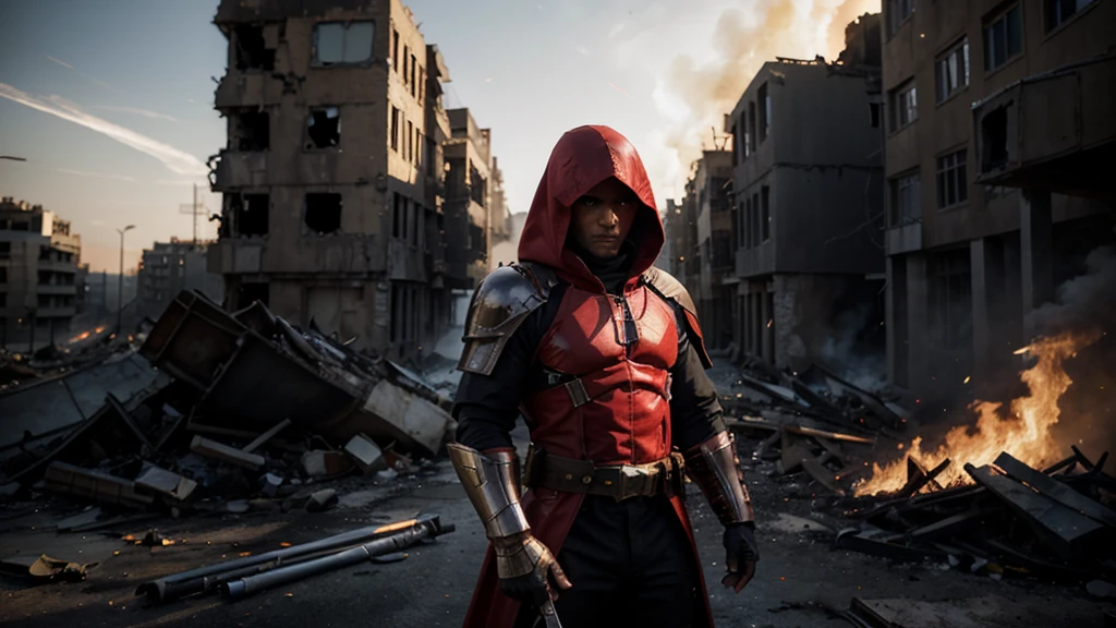 hdr, best 24k image, with shining armor a templar soldier, sword, with red hood, in front of a destroyed city, ruins fire, smoke, clear day