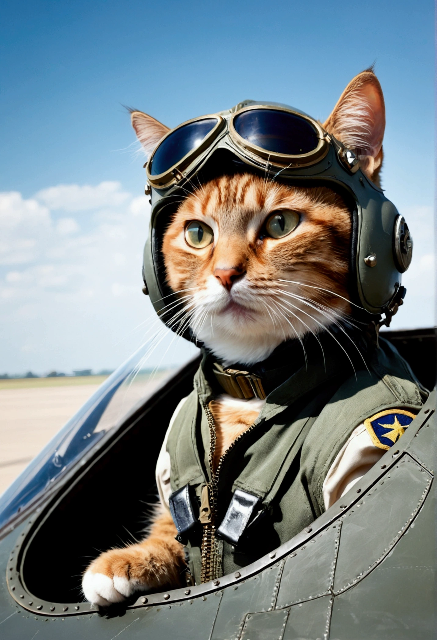 realist, Photography, Masterpiece, pilot cat, topguncat, cute cat as a pilot in a fighter plane
