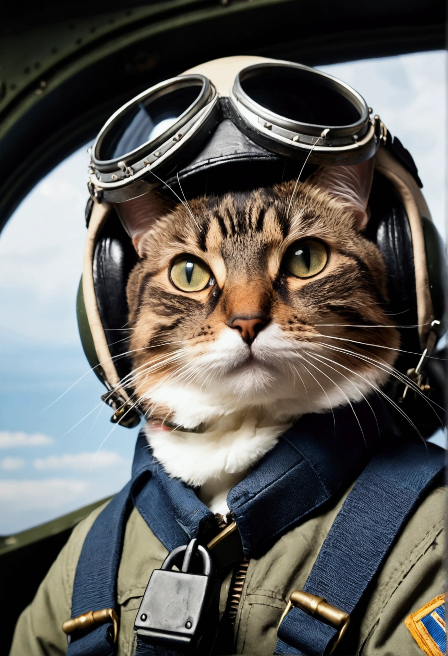 realist, Photography, Masterpiece, pilot cat, topguncat, cute cat as a pilot in a fighter plane