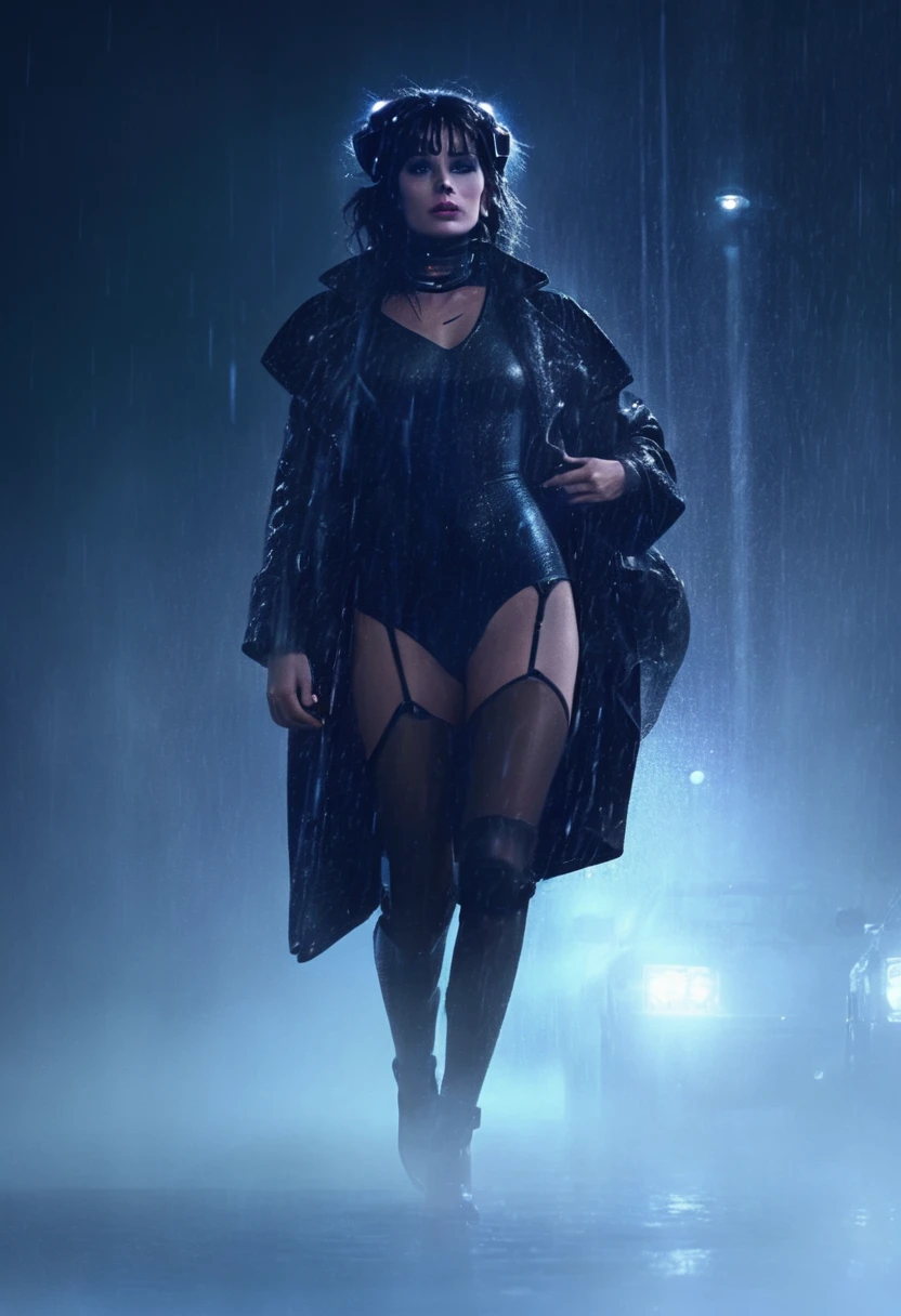 Araffe in a wetsuit and coat walking in the rain., Bladerunner in the rain, from the movie Bladerunner, Estilo blade runner, cyberpunk femme fatale, Blade Runner cinematic style, kylie jenner como catwoman, Bladerunner style, Blade Runner vibes, Al Blade Runner style, blade runner style, by Galen Dara