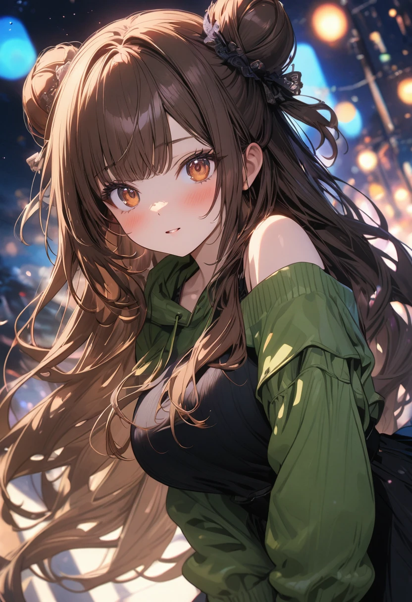 (masterpiece), best quality, very aesthetic, newest, absurdres, detailed, high quality
BREAK
highest quality, top quality, details, highres, ultra fine painting, digital art, official art, cinematic, 4k, 8k resolution, 8K CG wallpaper, CG, original artwork, detailed background, colorful background, blue atmosphere, High Dynamic Range, blurry background, blue hour, Starburst effects, crepuscular rays, good ISO, high resolution, wide shot, from far away, RAW photo, POV, sharp focus, light reflection, reflections, intricate details, soft light, particle noise, professional photography, bokeh, depth of field, natural lighting, vibrant colors, looking away, detailed lights and shadows, stylish, ultra-detailed, top rated on Pixiv, trending on Artstation, niji style, modern-days, master crafted, pose
BREAK
solo, (close up), 1girl, pale skin, correct fingers, detailed hand, (big breasts:1.2), big thighs, small torso, short body, flushtered, blush, anxious expression, embarassed, embarassed act, casual, slim, ((cute, childlike face):1.3), nice body, nice hips, brown hair, (very long flowing hair, 2 buns hairstyle), long bangs, long hair, middle hair bangs, brown eyes
BREAK
((casual straps black tanktop), off shoulders open green hoodie, modest, comfortable)
BREAK
Indoors apartment background