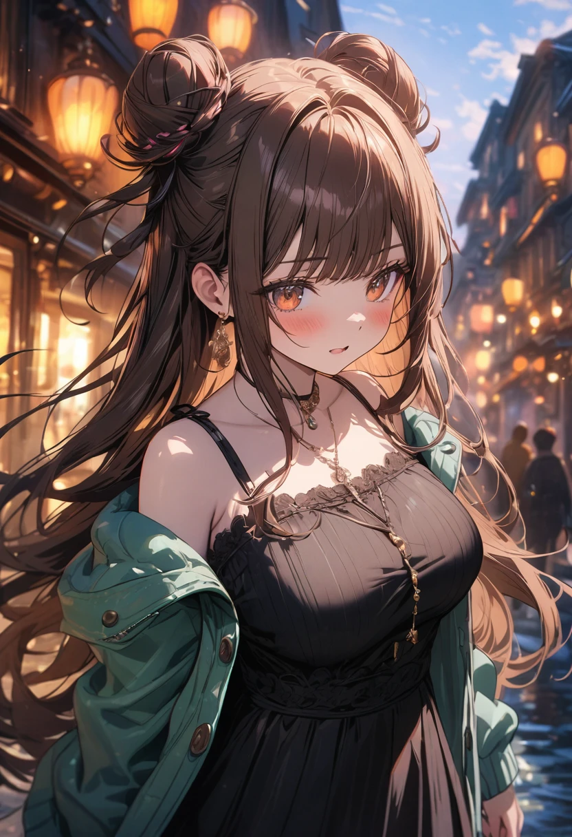 ((masterpiece:0), best quality, very aesthetic, newest, absurdres, detailed, high quality)
BREAK
highest quality, top quality, details, highres, ultra fine painting, digital art, official art, cinematic, 4k, 8k resolution, 8K CG wallpaper, CG, original artwork, detailed background, colorful background, blue atmosphere, High Dynamic Range, blurry background, blue hour, Starburst effects, crepuscular rays, good ISO, high resolution, wide shot, from far away, RAW photo, POV, sharp focus, light reflection, reflections, intricate details, soft light, particle noise, professional photography, bokeh, depth of field, natural lighting, vibrant colors, looking away, detailed lights and shadows, stylish, ultra-detailed, top rated on Pixiv, trending on Artstation, niji style, modern-days, master crafted, pose
BREAK
solo, close up shot, from above, 1girl, pale skin, correct fingers, detailed hand, (big breasts:1.2), big thighs, small torso, short body, flushtered, blush, anxious expression, casual, slim, ((cute, childlike face):1.3), nice hips, nice body, brown hair, (very long hair, (big 2 buns hairstyle)), long bangs, long hair, middle hair bangs, brown eyes
BREAK
(black string tank top, choker, off shoulder open green hoodie, (tummy skin), open unbuttoned shorts, many colors outfit ornaments)
BREAK
a person walking down a street with a crowd of people, crowded street, crowded streets, in front of a large crowd, giant crowd, girl walking through city, people walking down a street