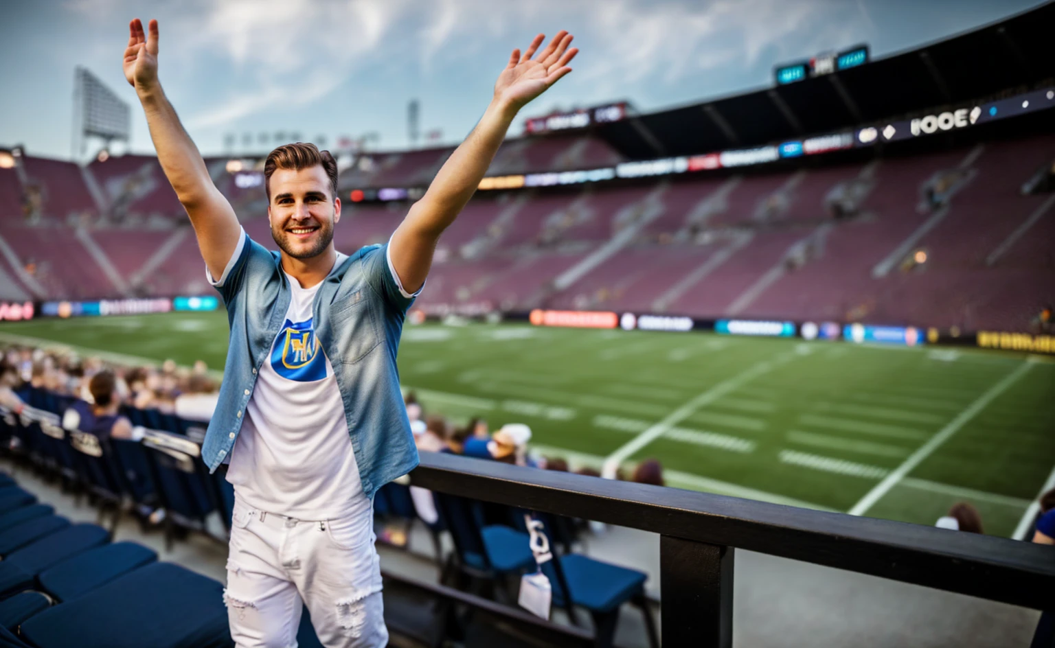 (best quality,4K,8K,high resolution,masterpiece:1.2),Extremely detailed,(Practical,Reality,Photo-real:1.37),Swedish man,White short-sleeved top,jeans,Shown in ((Stand in the audience)) stadium,The background is the NFL game field,the audience was very large,The auditorium was packed,,very excited,author:Jacob Goldman,Photo of a beautiful woman,Bright Lights.,Warm atmosphere,Raise your hands