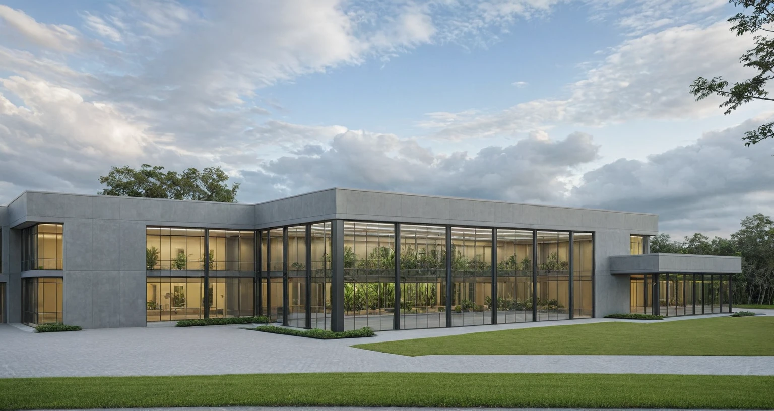 school public buildings, (daylight), tropical plants, bright campus colors, streetscape, beautiful sky, gray tones, large glass windows, warm interior lighting, decoration modern equipment, Best quality, Surreal, masterpiece, 17ArchiAI_XL_VL-v1