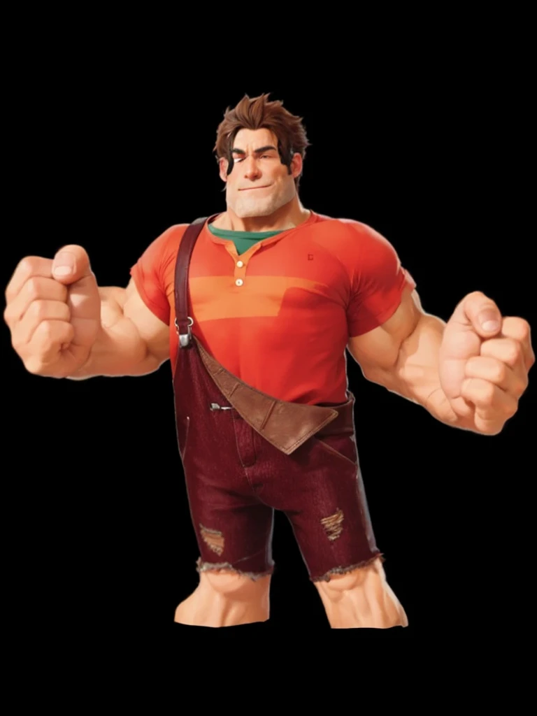 A strong macho character, with broken brown hair, with red shirt, with brown jumpsuit