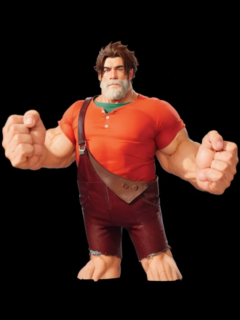 A strong macho character, with broken brown hair, with red shirt, with brown jumpsuit