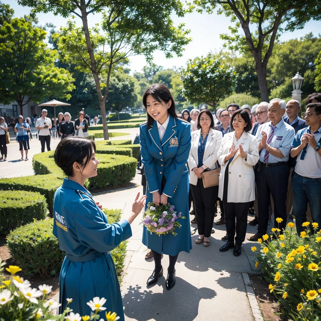 A scene of a kind-hearted woman wearing a blue advocate uniform, surrounded by people who admire and respect her. She stands in the center, radiating warmth and compassion, with a gentle smile on her face. The background features a park with greenery and flowers, adding to the serene and uplifting atmosphere. People of various ages and backgrounds are gathered around her, some offering flowers, others clapping, and a few engaged in conversation with her, showcasing their admiration and gratitude.