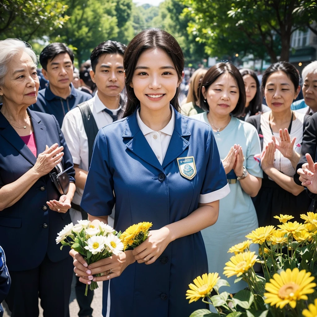 A scene of a kind-hearted woman wearing a blue advocate uniform, surrounded by people who admire and respect her. She stands in the center, radiating warmth and compassion, with a gentle smile on her face. The background features a park with greenery and flowers, adding to the serene and uplifting atmosphere. People of various ages and backgrounds are gathered around her, some offering flowers, others clapping, and a few engaged in conversation with her, showcasing their admiration and gratitude.