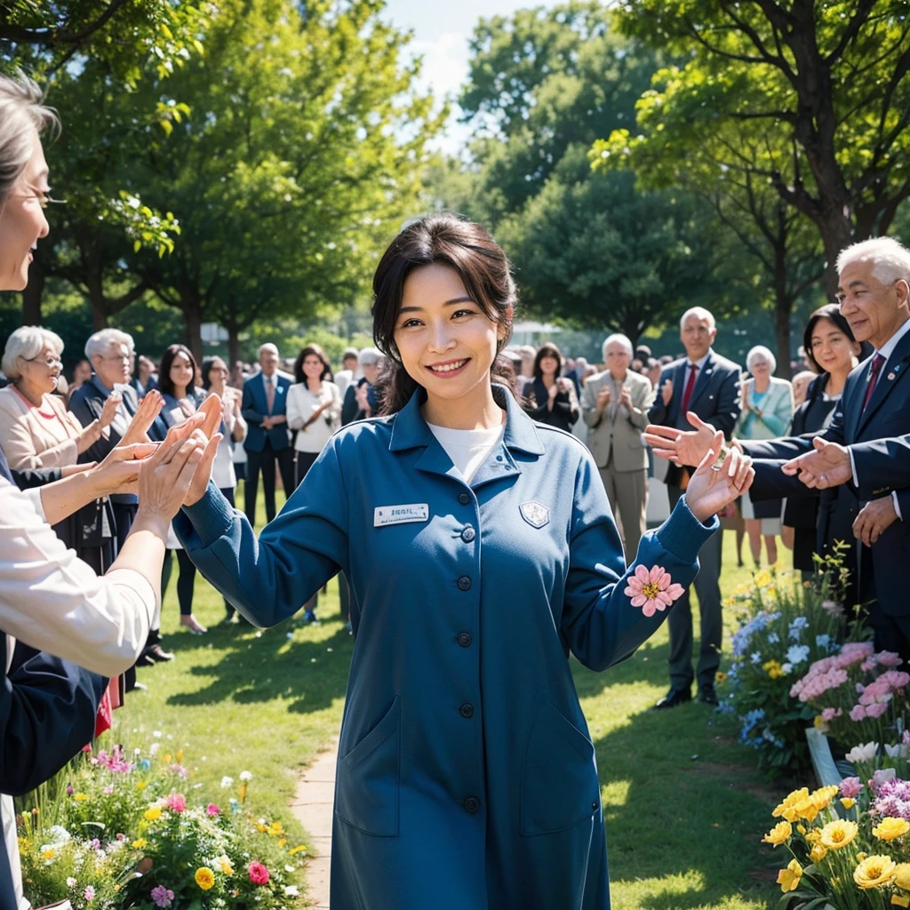 A scene of a kind-hearted woman wearing a blue advocate uniform, surrounded by people who admire and respect her. She stands in the center, radiating warmth and compassion, with a gentle smile on her face. The background features a park with greenery and flowers, adding to the serene and uplifting atmosphere. People of various ages and backgrounds are gathered around her, some offering flowers, others clapping, and a few engaged in conversation with her, showcasing their admiration and gratitude.