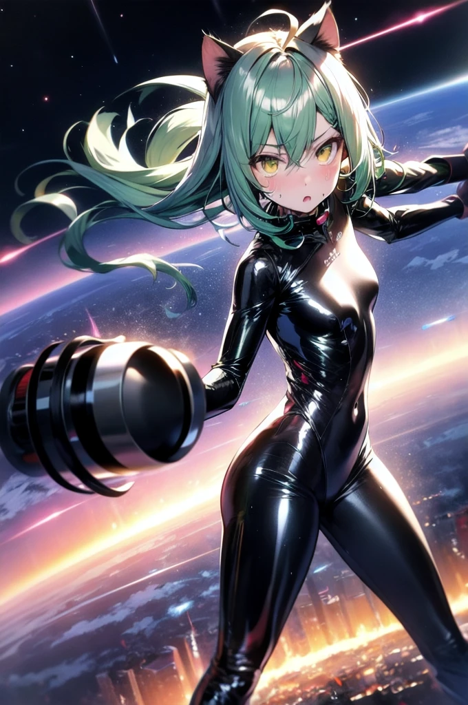 A silver-haired beautiful girl with cat ears eyes are green hair is silver and long clothes: a form-fitting black combat suit The fist is an afterimage The background is a city at night her is in a cat-like fighting pose The year is 14 years monitor, Dark Night, Sweat, Steam of Exhalation, Space, Battle, Dynamic Angle one girl