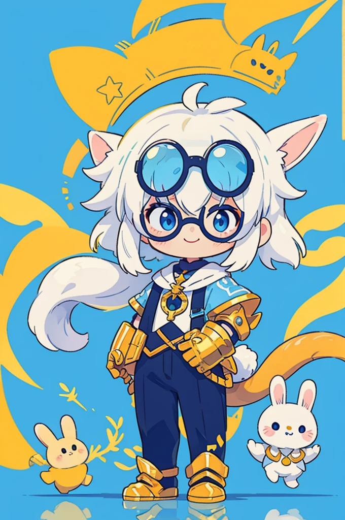 A boy with striking white hair、Rabbit ears and tail、Hair accessories、Golden armor、Siamese、Smile、Mechanical blue glasses and clothing、Center the character，Background white