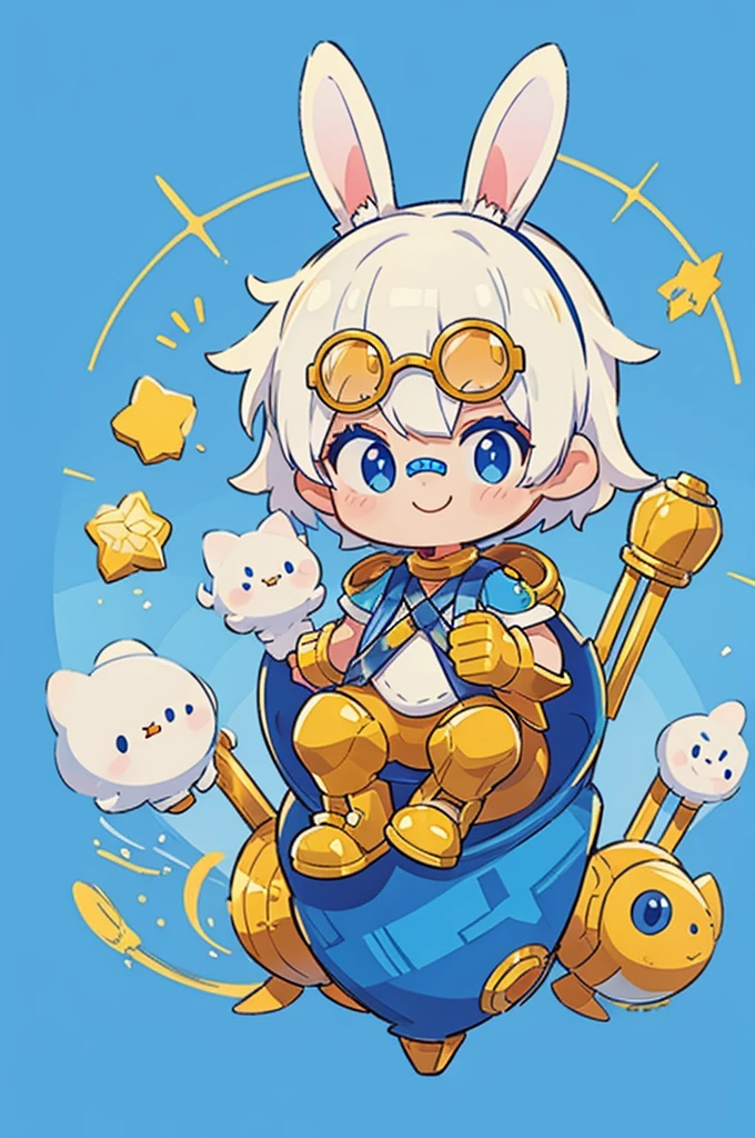 A boy with striking white hair、Rabbit ears and tail、Hair accessories、Golden armor、Siamese、Smile、Mechanical blue glasses and clothing、Center the character,Background white