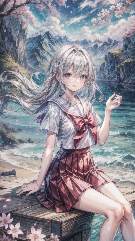 (masterpiece),  scenery,  mountainous horizon,  cherry blossoms,  petals,  light particles,  upper body,  1girl,  sailor,  wavy hair,  floating hair,  smile,  sitting,  open mouth,  light particles,  silver hair,  aqua eyes,  looking at viewer,  face focus
