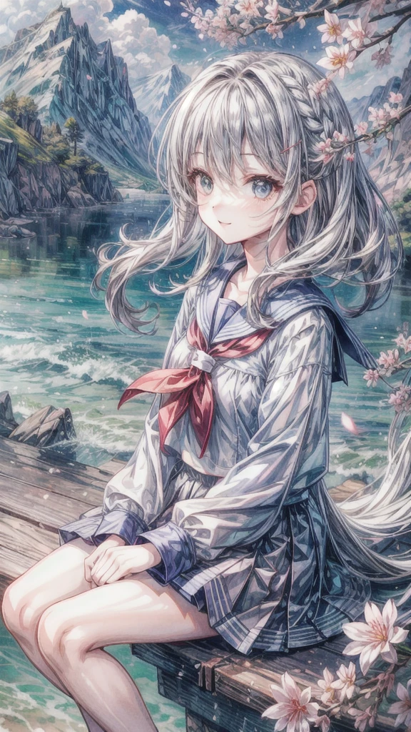 (masterpiece), scenery, mountainous horizon, cherry blossoms, petals, light particles, upper body, 1girl, sailor, wavy hair, floating hair, smile, sitting, open mouth, light particles, silver hair, aqua eyes, looking at viewer, face focus