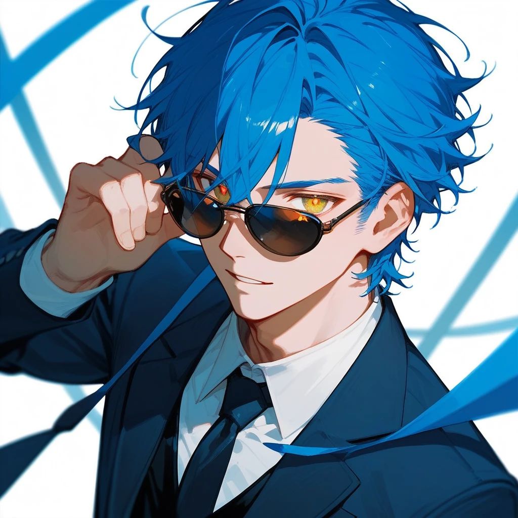 boy,Blue Hair,Golden pupils,Suit,sunglasses