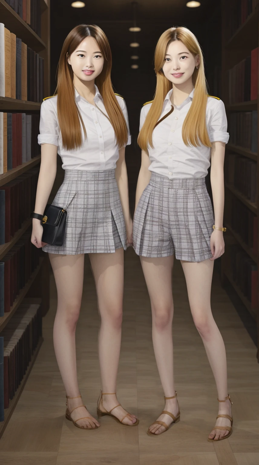 Almost identical American twin stepdaughters, Joey White and Sami White, long blonde hair, White skin, Joey White and Sami White, 2 full body girls, artwork, A pretty long blonde hair, (fantasy library background), session of erotic photos, facing the camera,, Girlscout uniform, handcuffs on the legs, cowbell on the neck, happy face, looking at the viewer
