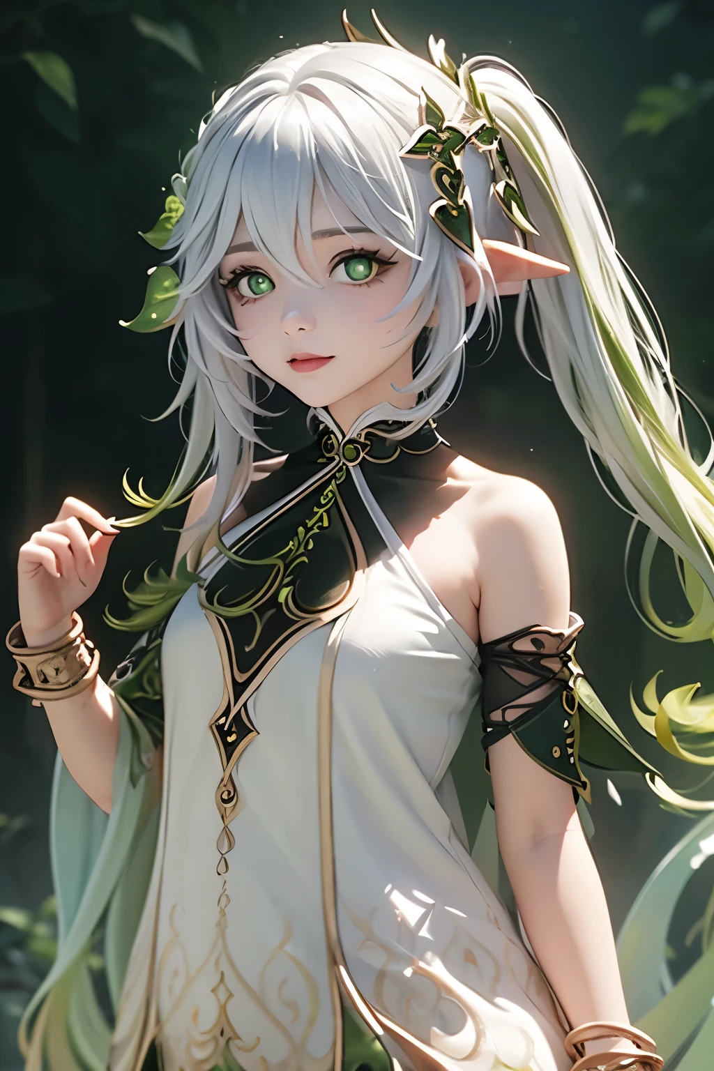 (Masterpiece:1.2), Best Quality, (illustration:1.2), (ultra detailed), hyper details, (delicate detailed), (intricate details), (cinematic light, Best Quality Backlights), Delete line, soloist, perfect body, (1 girl), black makeup, black lipstick, Closeup, very beautiful face, with pale skin, ultra detail, (make up), High contrast, (better lighting, an extremely created and beautiful), (cinematic light), showy, cosplay as Nahida ghensin impact, front vision, sweat smile