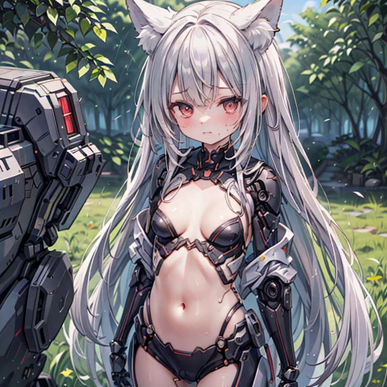 (Fox Girl, Fox Ears, Silver Hair, Fox Makeup, One Woman, Long Hair:1.6), (mecha musume, Machinery Parts,Robot Joints, Red color, I can see her cleavage, Skin is visible:1.8), (Body measurements are 75-60-75!, Young girl body, Small breasts, Emphasize the chest, Standing posture, Muscular, Sixpad:1.9), Avatar, face, lewd face, Dominant representation, naughty face, Uplifting, Skin Texture, outside, Grassy field