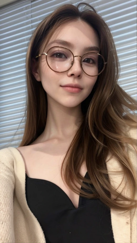 photo of a chestnut with blonde tips with   woman with black rim glasses