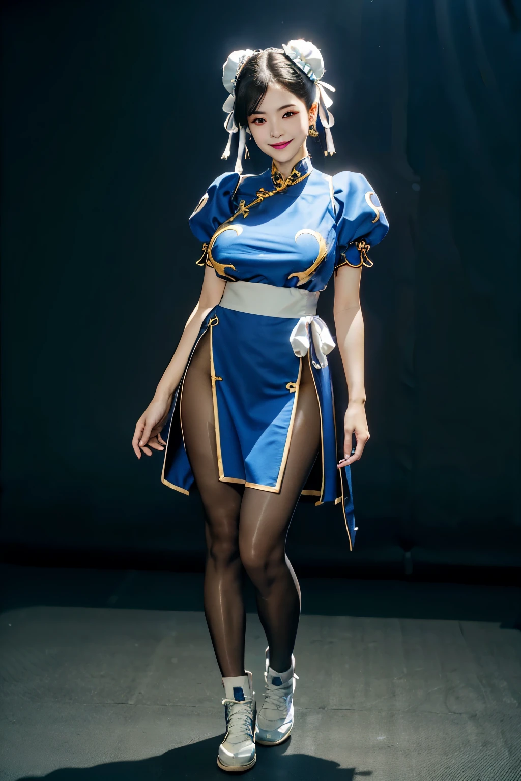 (((full body:1.4,simple background:1.4,large breast:1.4, sexy:1.4,makeup:1.4))),Chun-Li from Street Fight II,perfect chun li costume,Blue cheongsam with gold lines,Bun head,bun cover,masterpiece、1 beautiful girl、fine eyes、puffy eyes、highest quality, 超High resolution, (reality: 1.4), movie lighting、Japanese、asian beauty、Korean、super beautiful、beautiful skin、body facing forward、(超reality的な)、(High resolution)、(8k)、(very detailed)、(美しくfine eyes)、(Super detailed)、 (wall-)、detailed face、bright lighting、professional lighting、slanted bangs、Nogizaka Idol、korean idol、masterpiece, highest quality, masterpiece, highest quality, perfect face, perfect brown eyes with white sclera, alone, 1 girl, brown hair, From SF2, Chinese service, smile, muscular woman, blue clothes, pantyhose, pelvic curtain, Puffy short sleeves, Good cover, sash, evaluation:safety