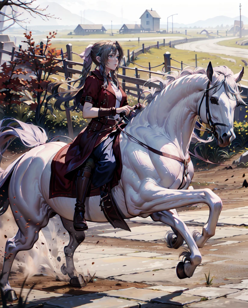 ((best quality)), ((anime masterpiece)), (high detailed), 8k, cinematic lighting, realistic, HDR, vivid color, a female knight riding a WHITE HORSE, {brunette}, (red armor, white gauntlet, pink miniskirt, brown boots), river, anatomically correct
