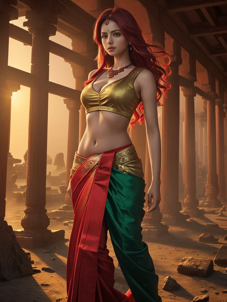 A girl body shape ( brode pelvic )and (medium size breasts)with red color long messy hair ,(wering_ ocean green and red and golden _jularis _saree), standing ancient destroy temple, red light at morning time,realistic, realism HDR 8K high quality high production value wide-angle shot
