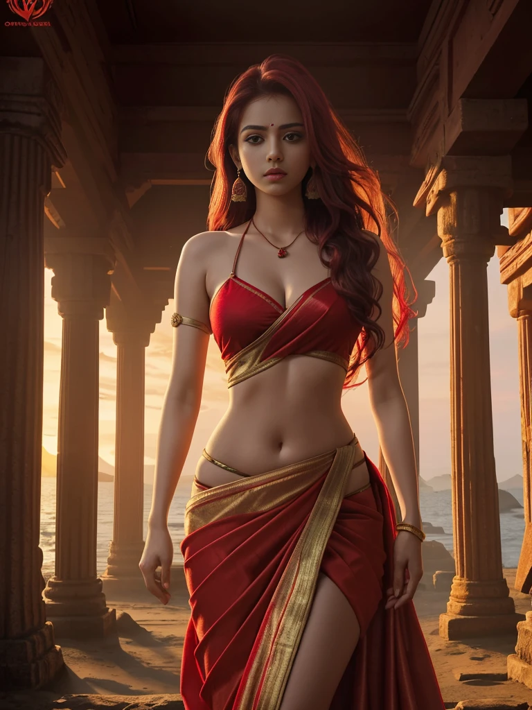 A girl body shape ( brode pelvic )and (medium size breasts)with red color long messy hair ,(wering_ ocean green and red and golden _jularis _saree), standing ancient destroy temple, red light at morning time,realistic, realism HDR 8K high quality high production value wide-angle shot