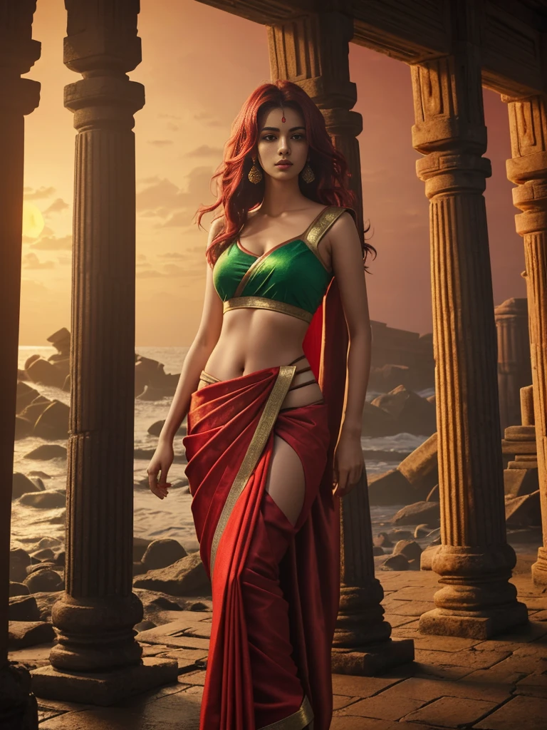 A girl body shape ( brode pelvic )and (medium size breasts)with red color long messy hair ,(wering_ ocean green and red and golden _jularis _saree), standing ancient destroy temple, red light at morning time,realistic, realism HDR 8K high quality high production value wide-angle shot