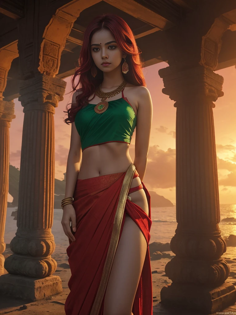 A girl body shape ( brode pelvic )and (medium size breasts)with red color long messy hair ,(wering_ ocean green and red and golden _jularis _saree), standing ancient destroy temple, red light at morning time,realistic, realism HDR 8K high quality high production value wide-angle shot
