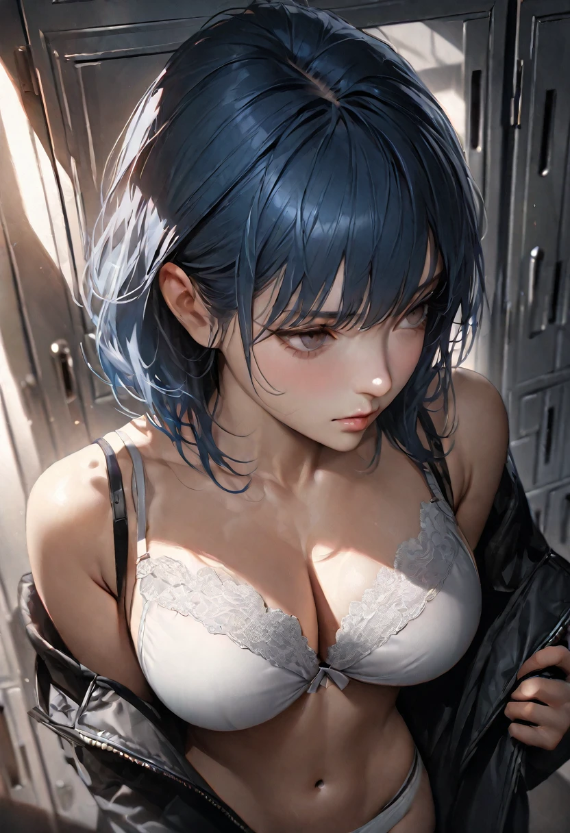 (((masterpiece) (((((Highest quality))))((high resolution))))), Very detailed, Ultra-realistic, )、、lockerルーム、Open shirt、White Bra、White panties、Blue Hair、Big Breasts、locker、Change of clothes、((Expressionless))、From above.stand