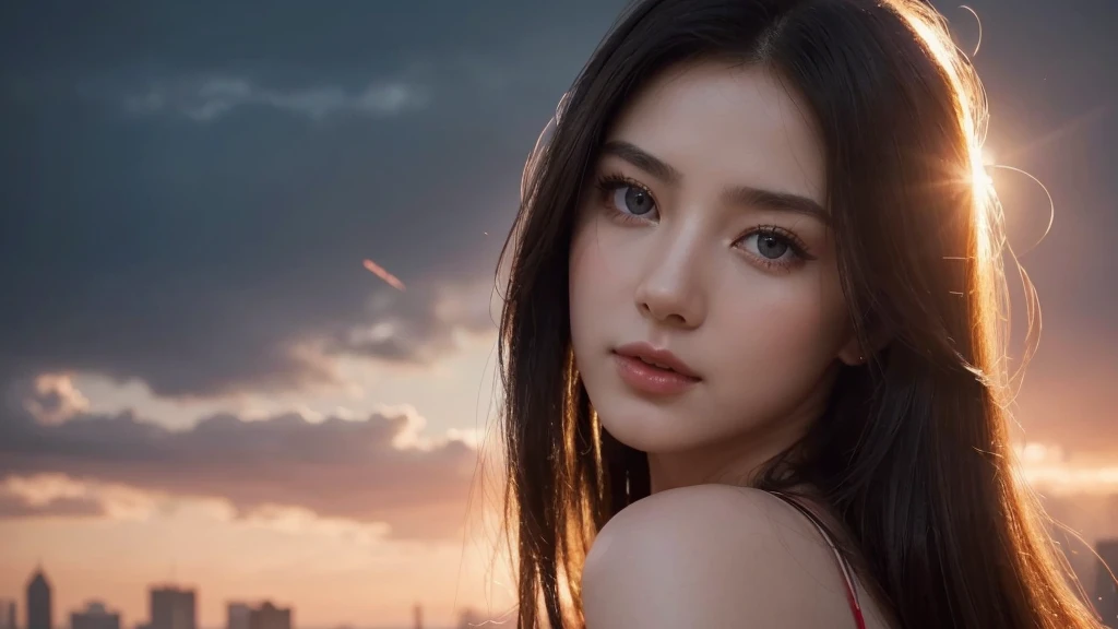 (1 Girl:1.3), Solitary, (((Very Delicate face)))), ((The eyes and face are very detailed)))), Beautiful eye details, body parts__, official art, unified 8k wallpaper, Ultra Detailed, fair and fair, fair, masterpiece, best quality, The original, masterpiece, Ultra-detailed photos, best quality, Ultra-high resolution, realism, Sunlight, Full body portrait, Stunning beauty, Dynamic poses, Delicate face, Vibrant eyes, (From the front), She wears red, Red and black color scheme, , Overlooking the city, Delicate face, Gorgeous, milky, Very delicate skin, Realistic skin details, Visible pores, Be focused, Volumetric Fog, 8K Ultra HD, DSLR camera, high quality, Film Grain, White skin, Photorealism, Rama Photography, Future dystopian metropolis, translucent