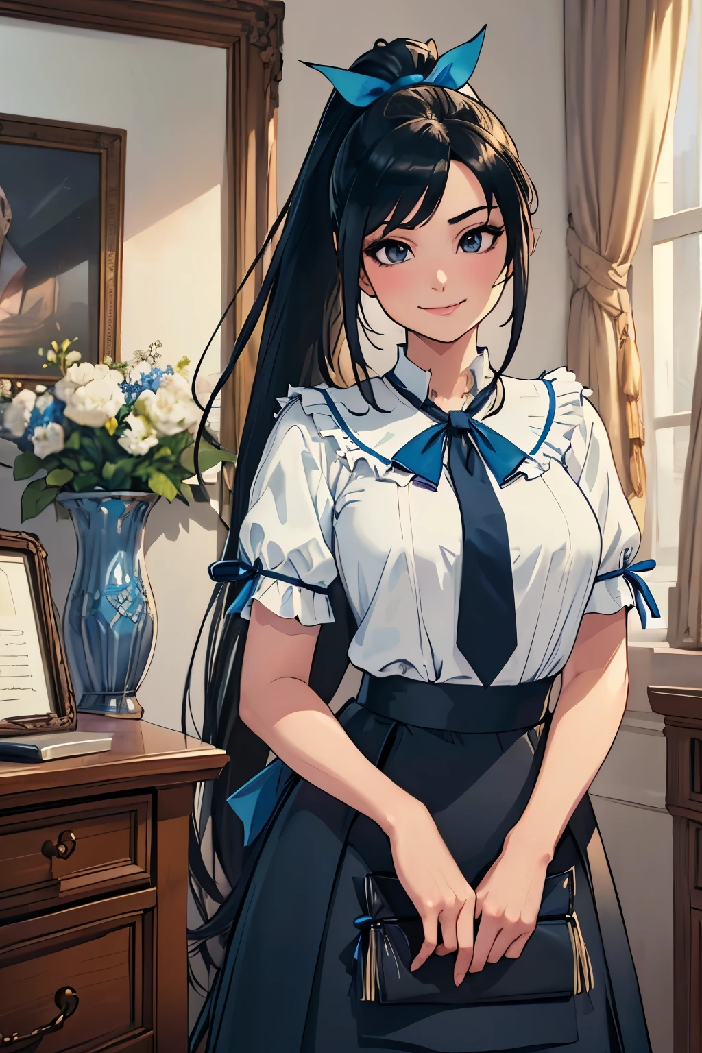 Masterpiece, Superior quality, high resolution, Very detailed, detailed background,(Fraulem Chrome, (black fur, Semi-long hair, Blue ribbon in ponytail),(A white blouse, Blue short ribbon tie, Long blue skirt), little, Clean, black eyes,Studying, gentle smile), enlarged, elegant studio, Vase