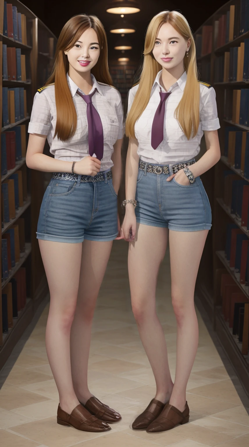 Almost identical American twin stepdaughters, Joey White and Sami White, long blonde hair, 2 full body girls, artwork, A pretty long blonde hair, (fantasy library background), session of erotic photos, facing the camera,, Girlscout uniform, handcuffs on the legs, cowbell on the neck, happy face, looking at the viewer
