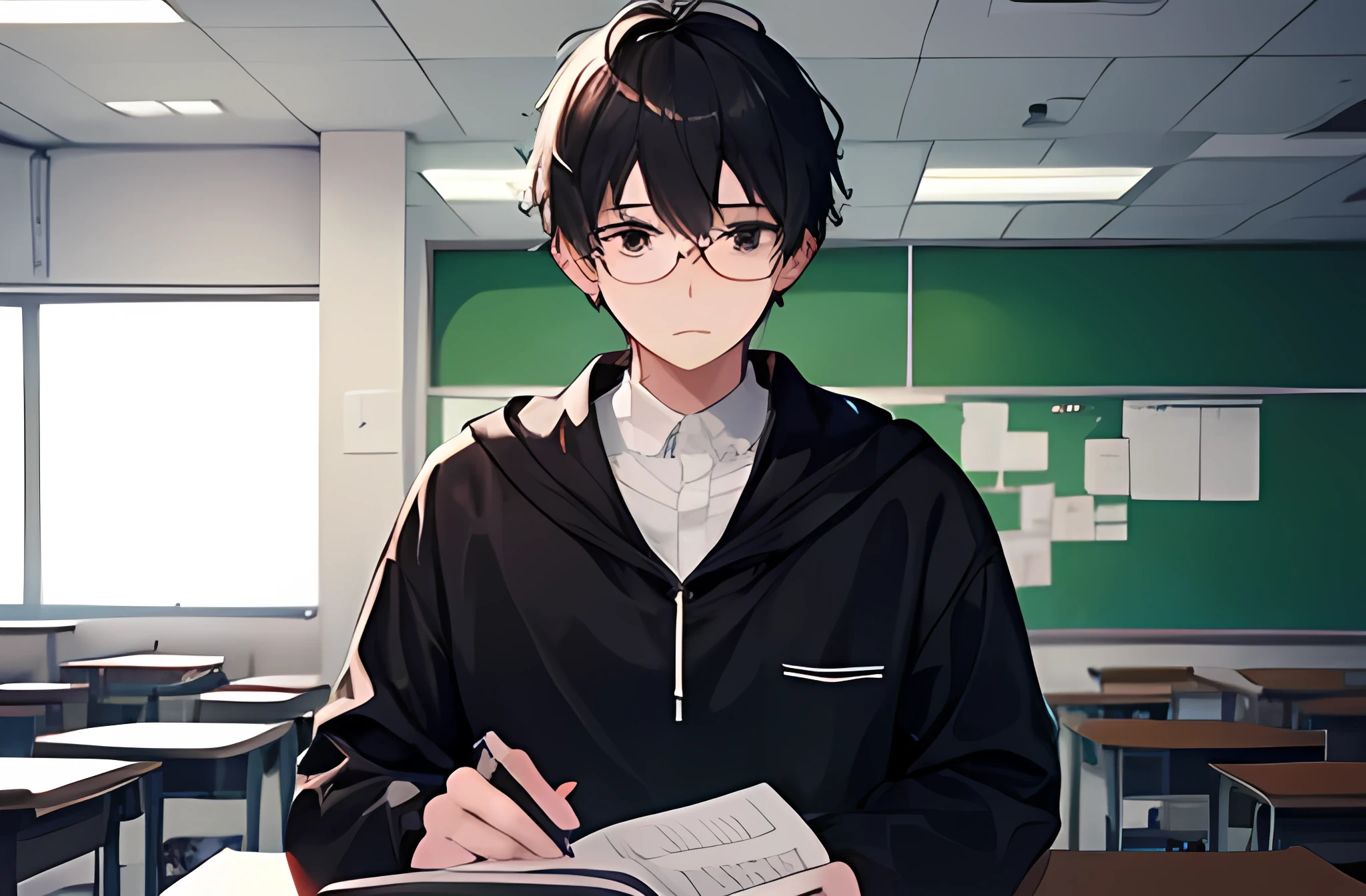 young man, black hair, black eyes, glasses, high , classroom, quiet, gloomy, introvert